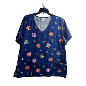 Generic Owl Print Scrub Top Large Blue Cotton V-Neck Pockets Women